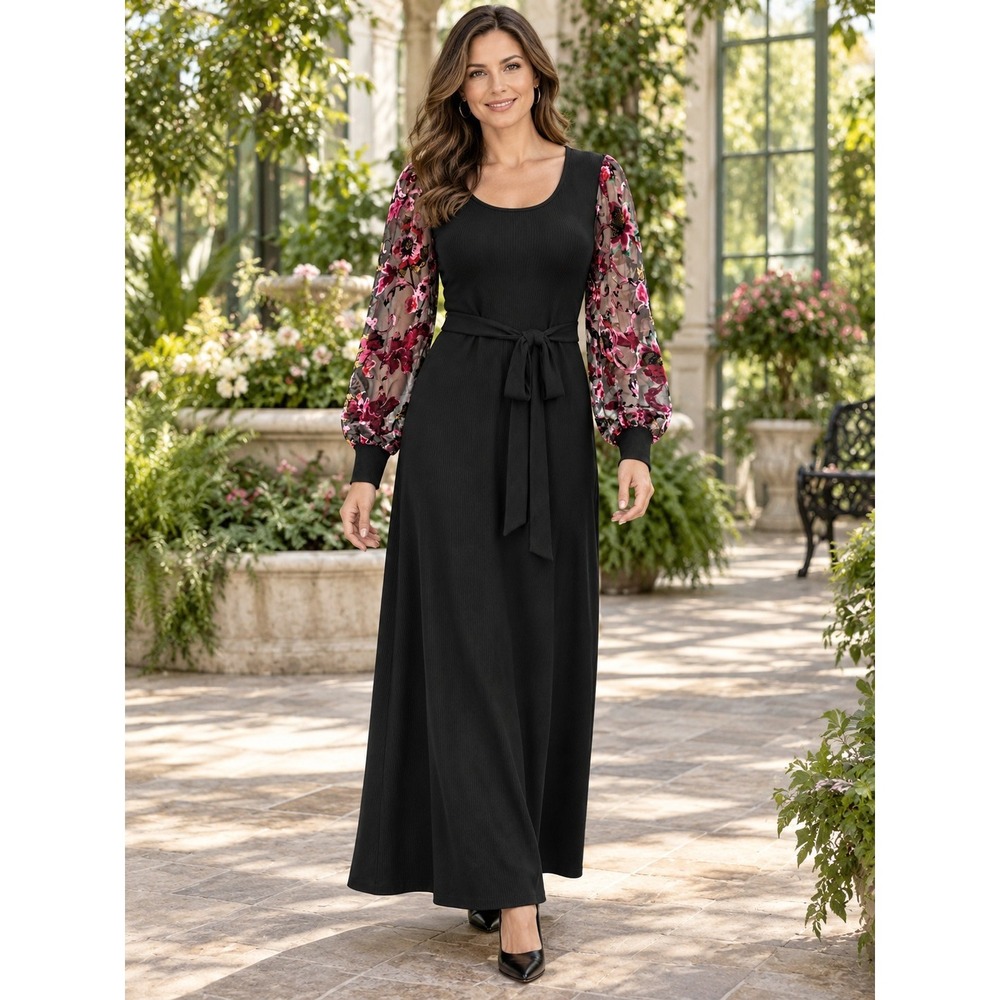 NWT CATO Black Ribbed Knit Dress Velvet Floral Sheer Balloon Sleeves Women Large